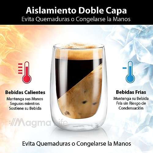 AMAZON: MAGMALIFE Vasos de Cristal de Doble Pared de 240 ml. Vidrio Térmico Doble Fondo. Set de 4 pzas, Ideales Para Capuchino, Té o Vino