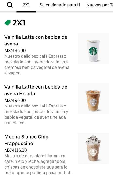 UberEats: Starbucks 2x1 (solo 5 bebidas disponibles)