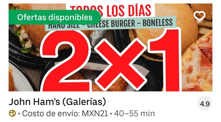 Uber Eats y John Ham's (Galerías) Monterrey: 2 burgers x $70 [Uber One] o 2x$99 [Sin Uber One]