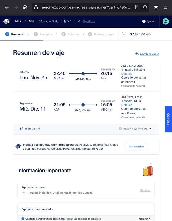 Vuelo Redondo CDMX - Málaga, España. | Aeroméxico Nov/Dic (maleta documentada)