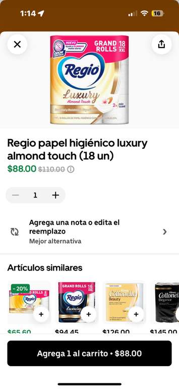 Uber eats(chedraui) Papel higiénico regio luxury almond touch