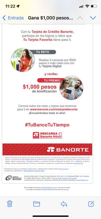 Banorte | 15% de bonificación con tu TDC Digital Realiza 3 compras por $500 pesos o más (hasta $1,000)