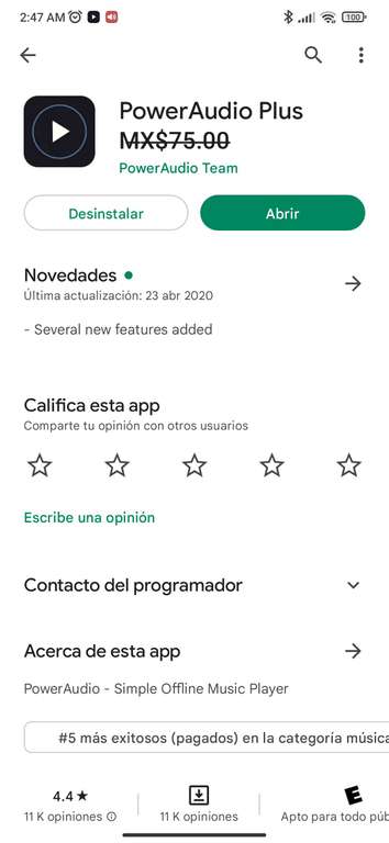 Google Play: PowerAudio Plus $3 MXN