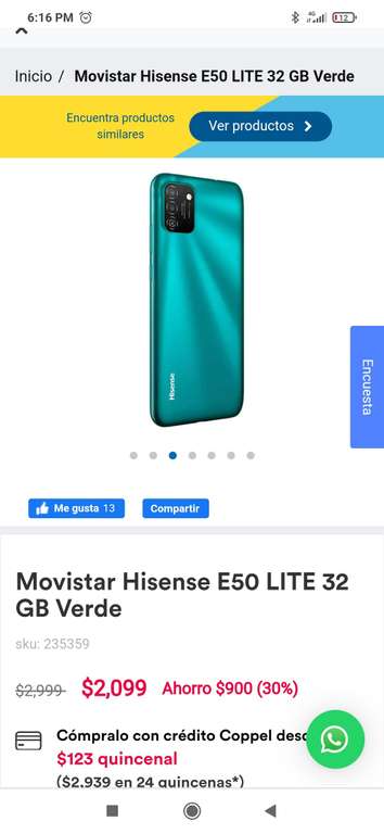 Coppel: Celular Movistar Hisense E50 LITE 32 GB Verde