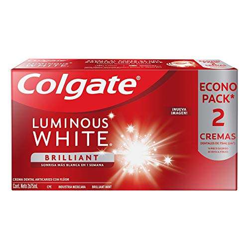 Amazon: Colgate Luminous White, Pasta Dental Blanqueadora, Sonrisa más blanca en 1 semana, poderosa remoción de manchas 75 ml 2 piezas