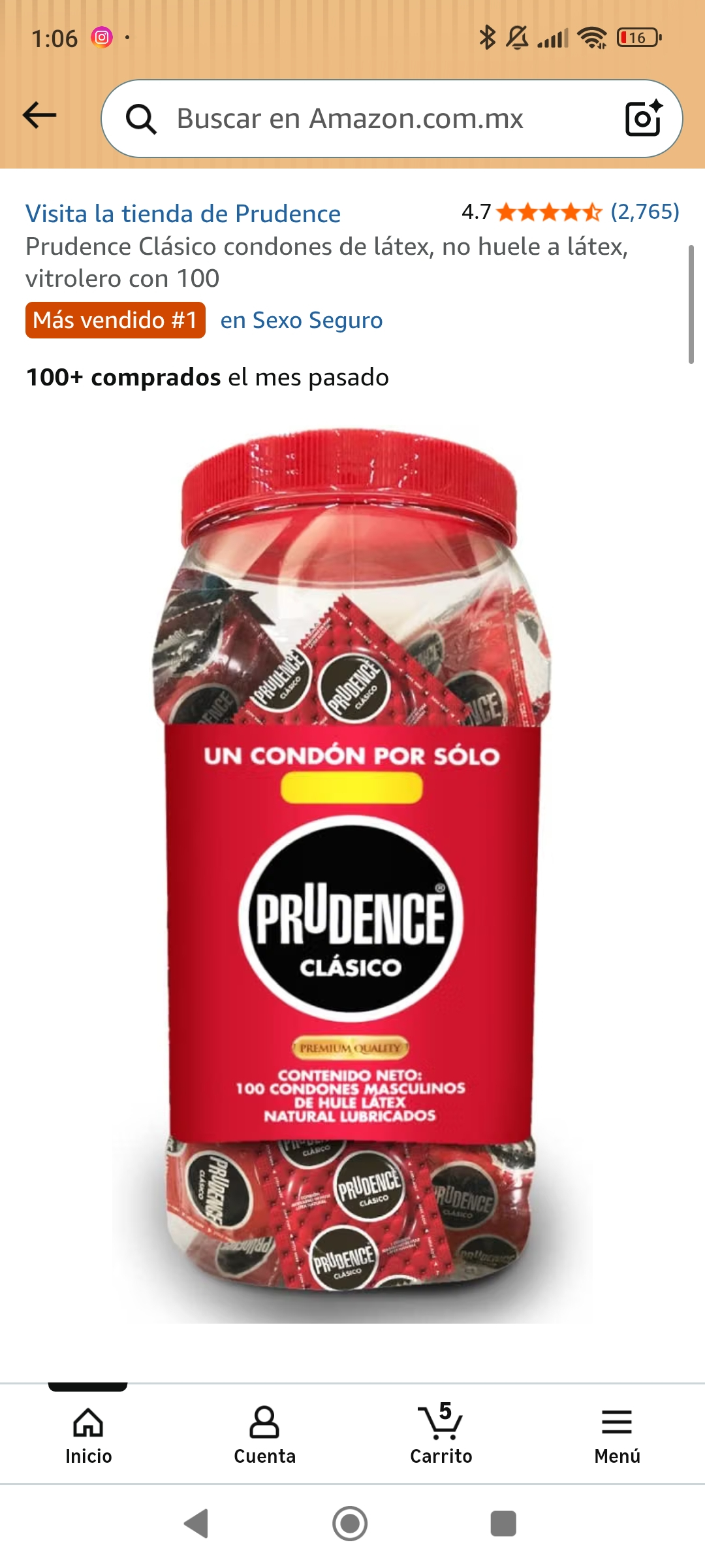 Amazon: Prudence Clásico condones de látex, no huele a látex, vitrolero con 100 | Planea y Ahorra