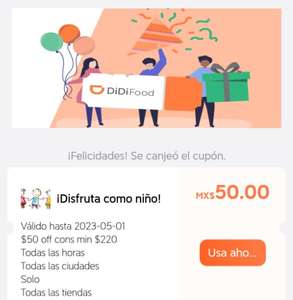 Cupon DidiFood $50 en compras de $220 válido en cadenas - Combinable con el de envío gratis