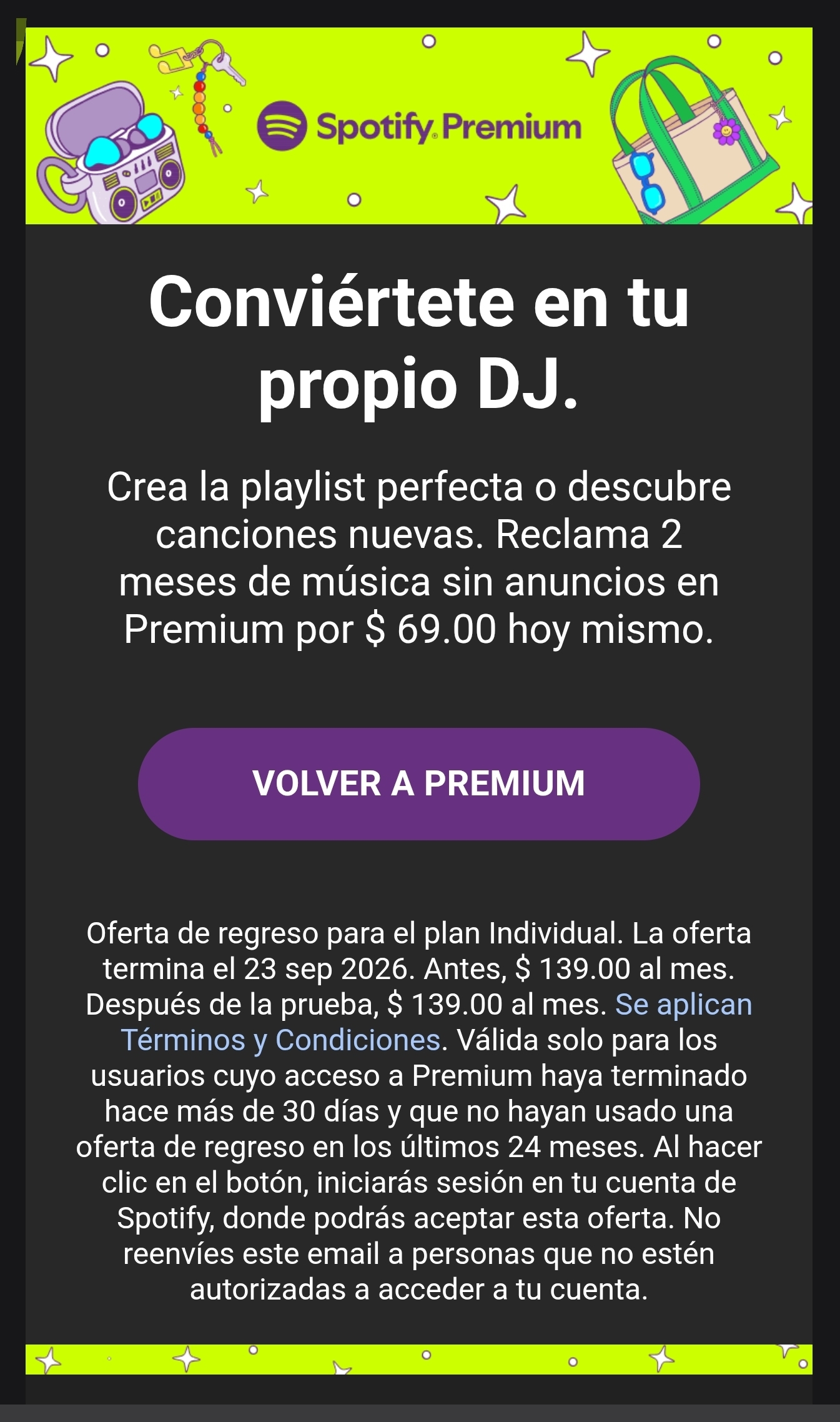 Spotify: 2 meses de Spotify Premium (solo usuarios sin acceso a premium mínimo de 30 días)