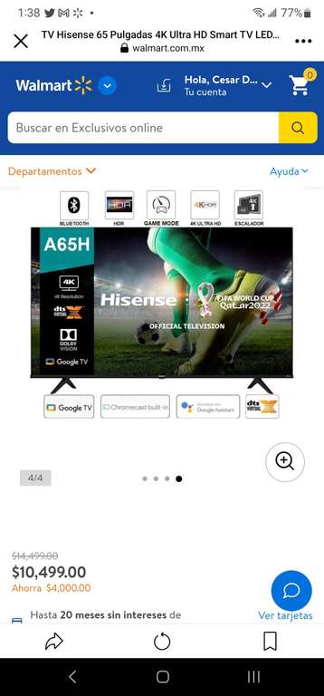 Walmart: TV Hisense 65 Pulgadas 4K Ultra HD Smart TV LED 65A65H Reacondicionada