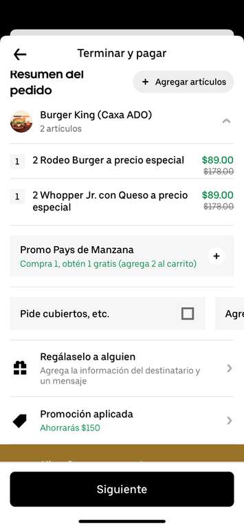 Uber Eats (Uber One): Burger King 2 whoppers jr + 2 Rodeo