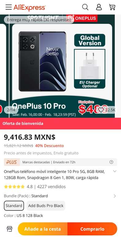 AliExpress: ONEPLUS 10 PRO 5G ( versión global 8GB/128GB )