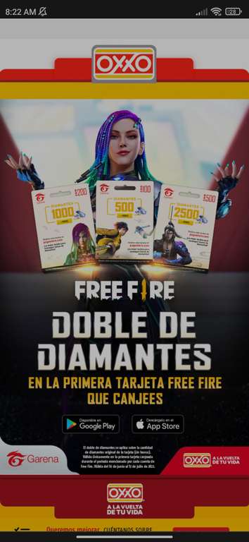Oxxo: El doble de diamantes en Free Fire en la primera tarjeta que canjees