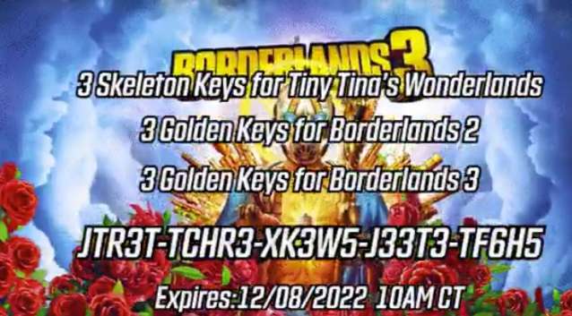 Código para 3 llaves doradas para Borderlands 2 y 3 y 3 llaves Skelys en Wonderlands