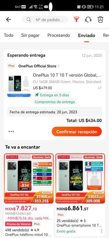 AliExpress: Celular Oneplus 10T 16/256gb enviado desde México (Precio con cupón + pagando en USD)