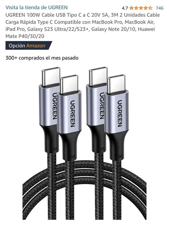 Amazon | Cable USB C a C 100w UGREEN (2 Cables de 3 M)