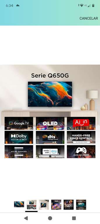 Amazon TCL Smart Tv Pantalla 55" 55Q650G Google TV QLED