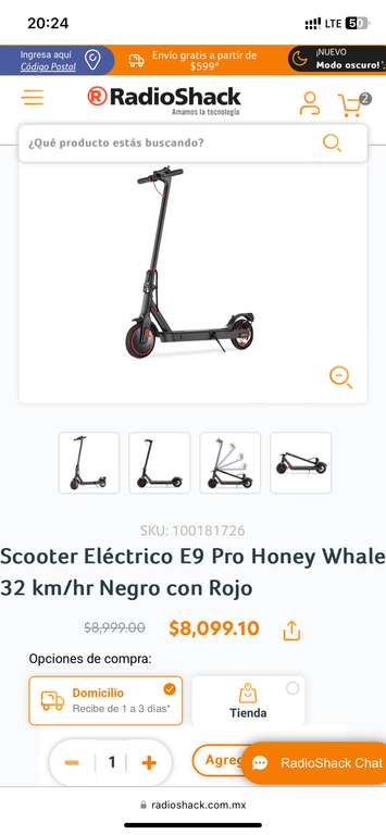 RadioShack: Scooter E9 pro Honeywhale (para godinez) 500 pesos gratis