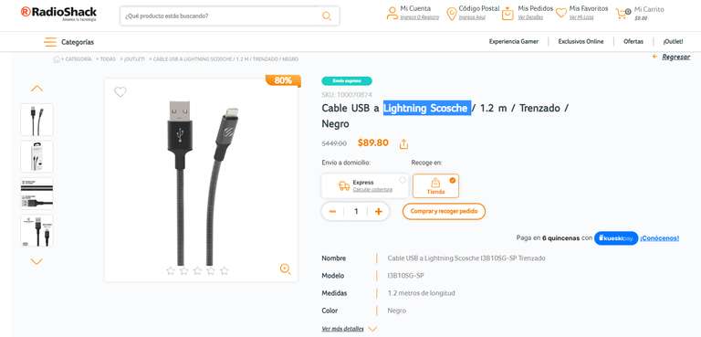Cable Lightning marca Scosche en RadioShack (en línea y en tienda)