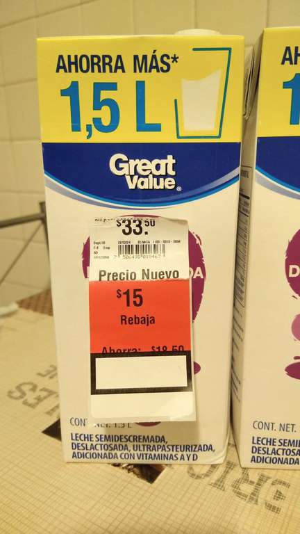 Walmart: Leche Great Value deslactosada de 1.5 L en Miramontes Cipreses