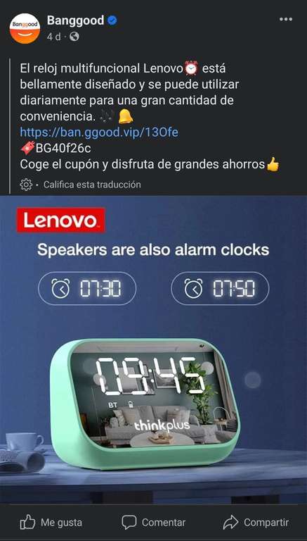 Banggood: Lenovo Thinkplus Reloj alarma con doble altavoz. Para el día del padre