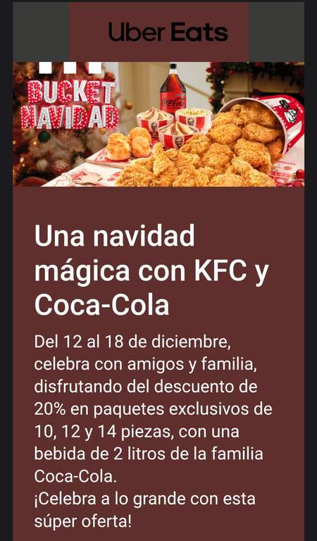 KFC y Coca-Cola 20% paquetes familiares Uber Eats