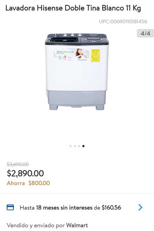 Walmart: Lavadora Hisense Doble Tina 11kg $2890.00 