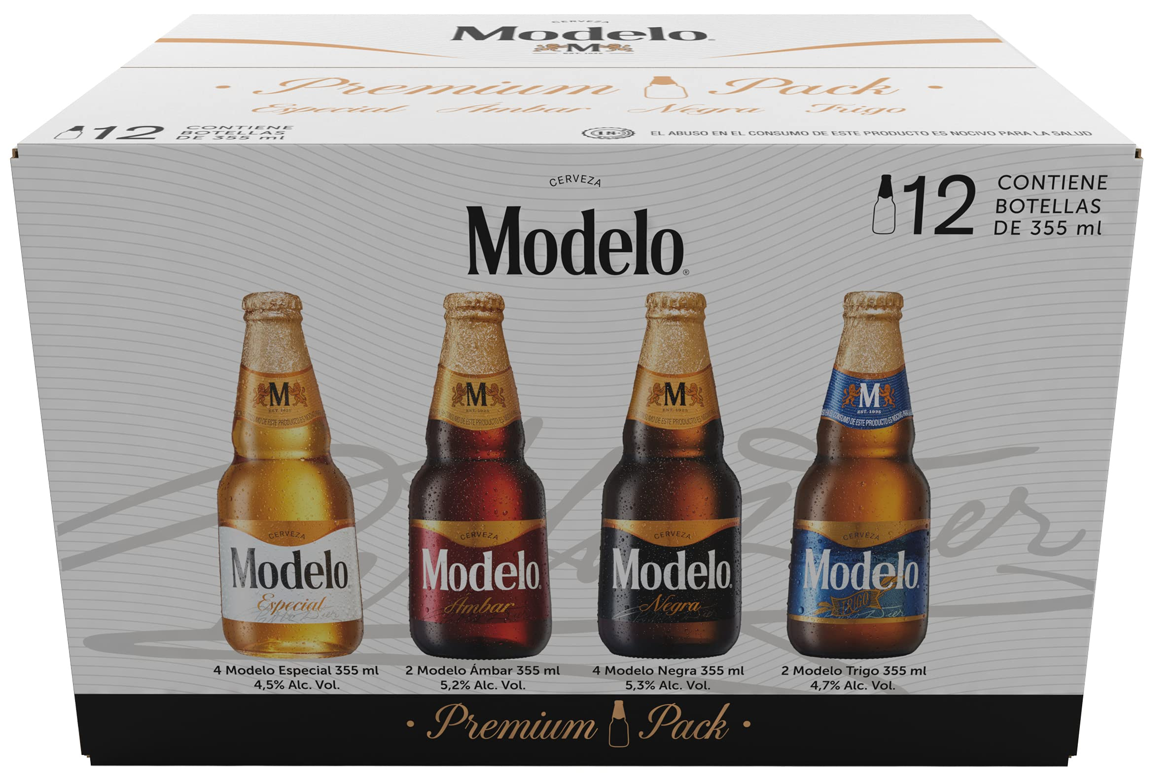 Amazon: Cerveza Modelo Premium Pack 12 Botellas de 355ml, con Modelo Especial, Ámbar, Negra y Trigo