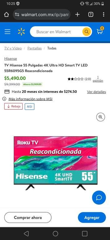 Walmart: TV Hisense 55 Pulgadas 4K Ultra HD Smart TV LED 55R6095G5 Reacondicionada
