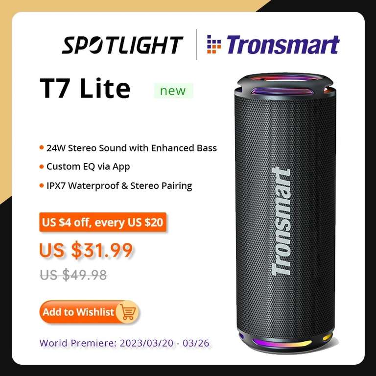 AliExpress: Bocina Tronsmart Bluetooth T7 Lite, dispositivo portátil de graves mejorados con 24 horas de reproducción