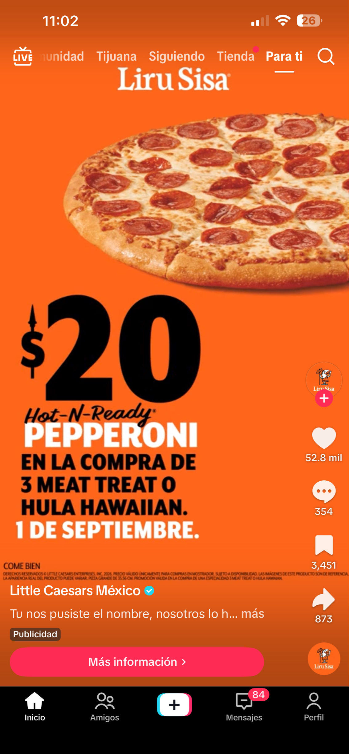 Little Caesars: Liru sisa: pizza de peperoni a $20 peso en la compra de hula hawaina o 3 meat treat