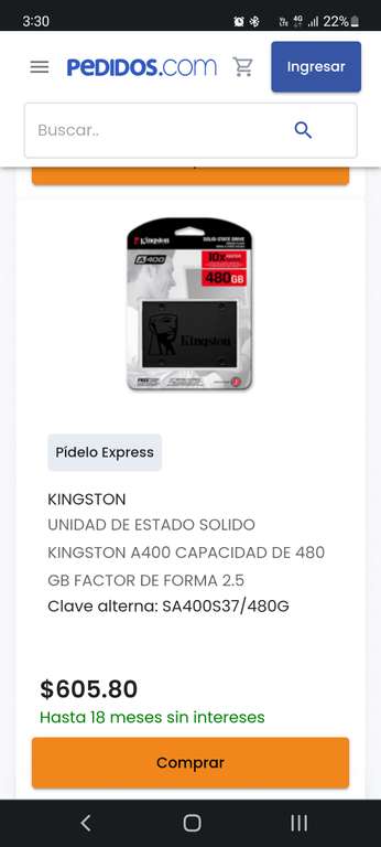 Pedidos: UNIDAD DE ESTADO SOLIDO KINGSTON A400 CAPACIDAD DE 480 GB FACTOR DE FORMA 2.5