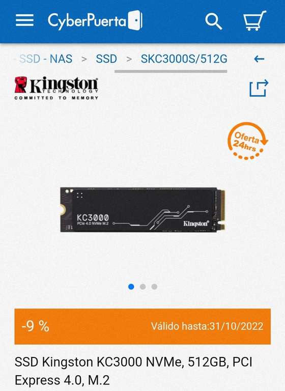 CyberPuerta: SSD Kingston KC3000 NVMe, 512GB, PCI Express 4.0, M.2