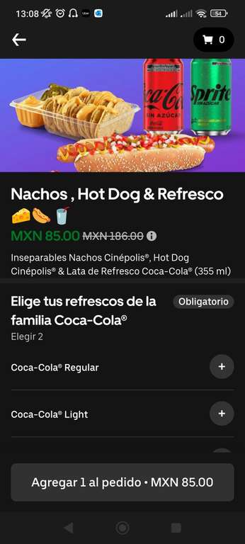 Uber Eats: combo cinépolis, nachos, hot dog & dos refrescos