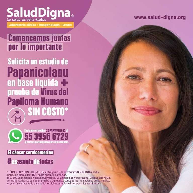 Salud Digna: GRATIS 2000 Estudios de Papanicolaou + Prueba de Virus del Papiloma Humano