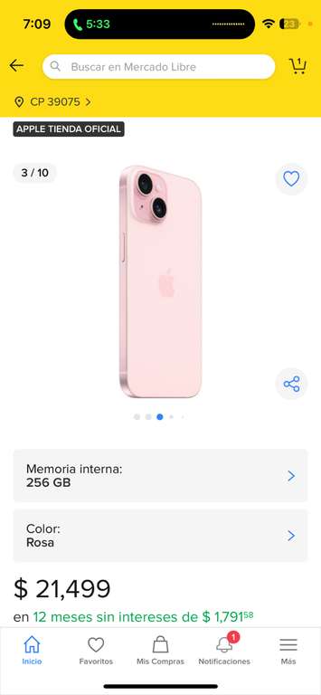 Mercado Libre: Apple iPhone 15 (256 GB) - Rosa (pagando con Banorte) 