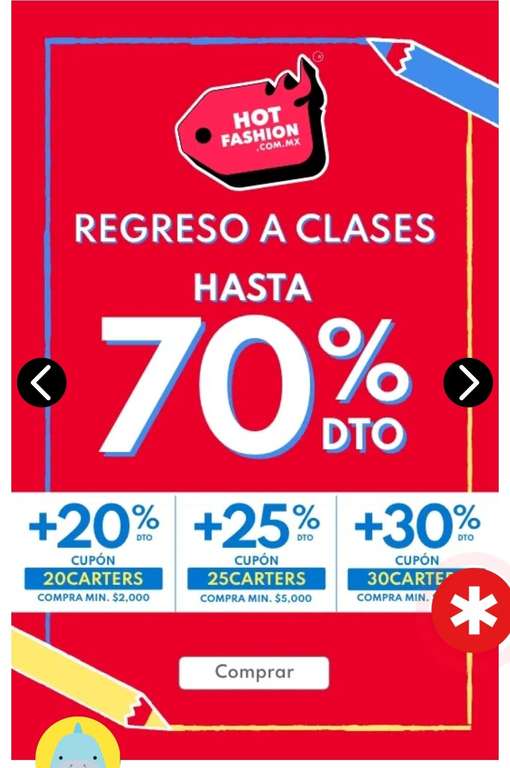 CARTER'S: Hasta 70% de Desct. + 20, 25 y 30% con Cupón ( compras mínimas en imagen) , Adicional 10% con Mercado Pago
