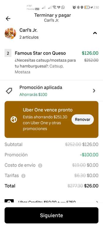Uber Eats: 2 famous star con queso en $26, uber one - Ecatepec