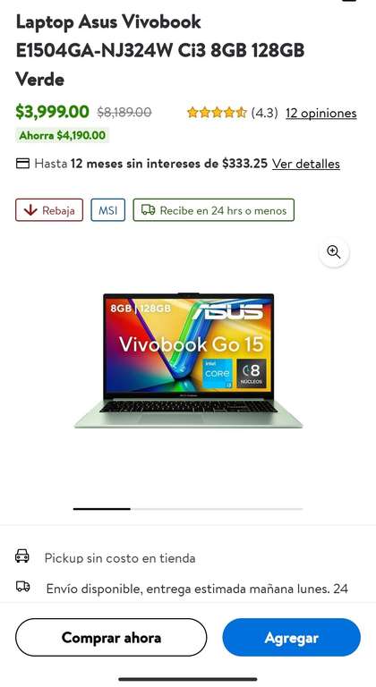 Walmart: Laptop Asus Vivobook E1504GA-NJ324W Core i3-n305 8GB 128GB + 15% bonificación cashi