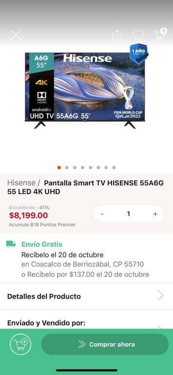 Linio, Pantalla Hisense 55 A6G en $7,379.1 con Paypal