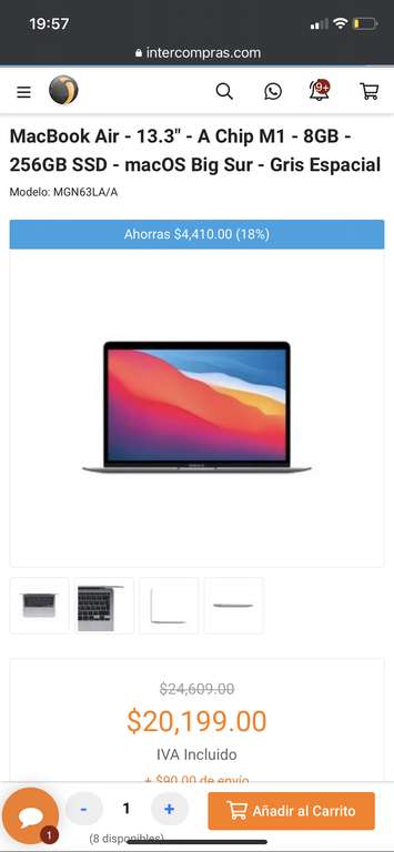 Intercompras: MacBook Air - 13.3" - A Chip M1 - 8GB - 256GB SSD - macOS Big Sur - Gris Espacial