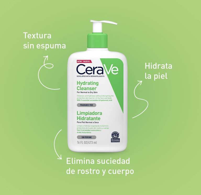 Amazon, CeraVe Limpiadora Hidratante |473ml| Limpiador facial diario para piel seca | Libre de fragancia, envío gratis Prime