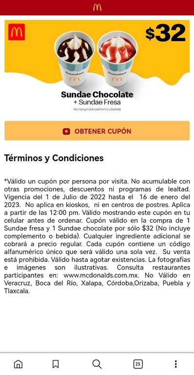 MC Donald's, Sundae chocolate + Sundae fresa por $32