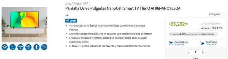 Sam's Club: Pantalla LG 86 Pulgadas NanoCell Smart TV ThinQ AI 86NANO755QA CON MSI
