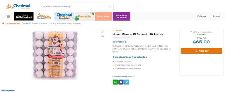 Chedraui Online y Tienda - Huevo Blanco El Calvario 30 Piezas $65 MXN