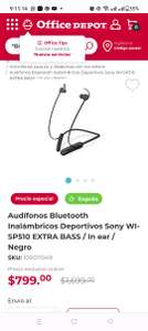 Office Depot: Audífonos Bluetooth Inalámbricos Deportivos Sony WI-SP510 EXTRA BASS