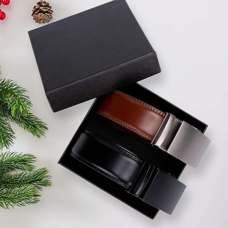 Amazon: 2 Cinturones para Hombre, Marrón Texturado y Negro Mate, de Piel, Ajustable, Hebilla Automática, En Caja para regalo