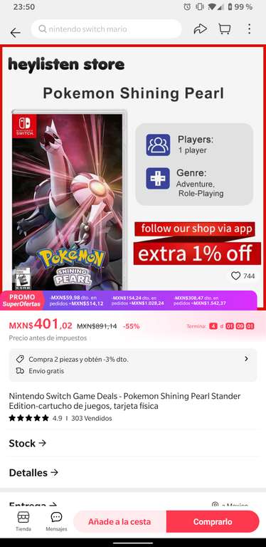 AliExpress: Pokémon Perla Reluciente nintendo switch