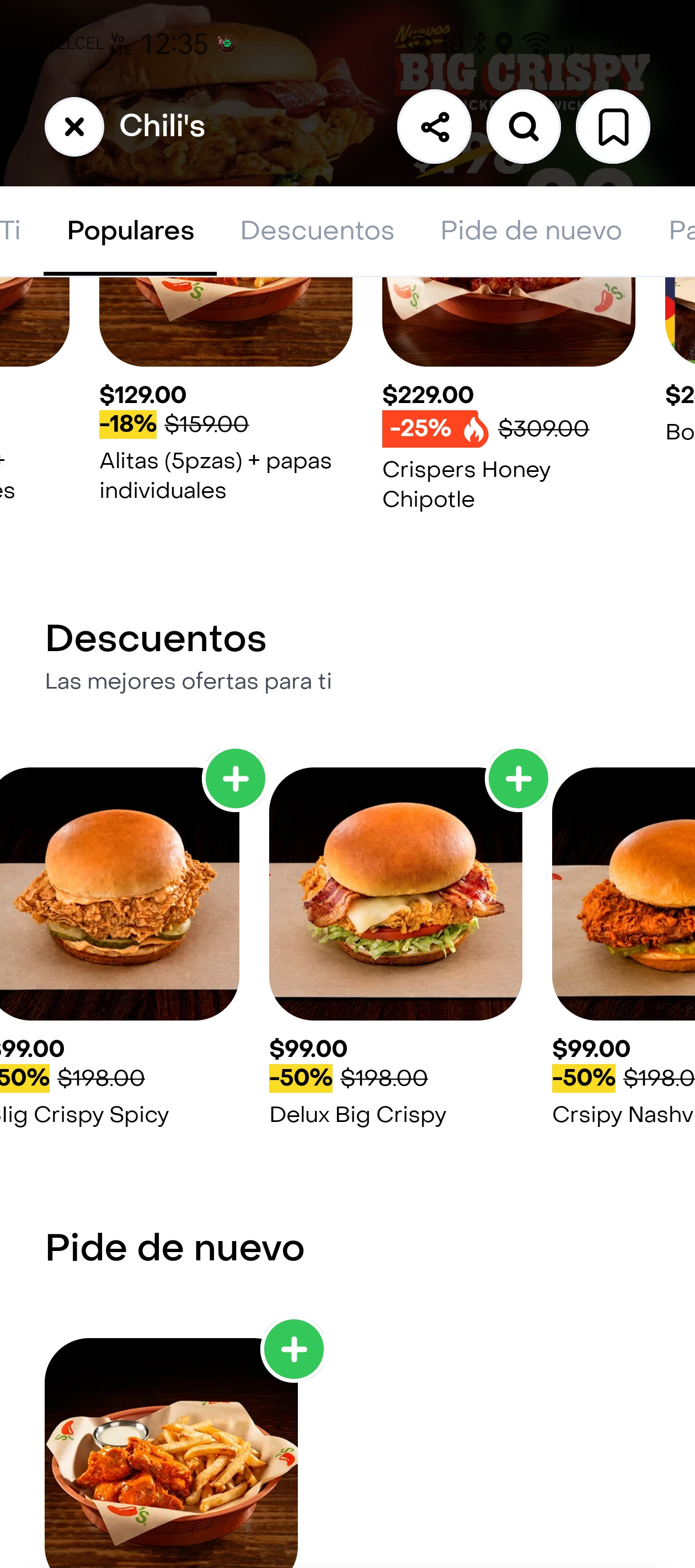 Chili's con descuentos de hasta 50% (rappi) y 67% (uber eats)