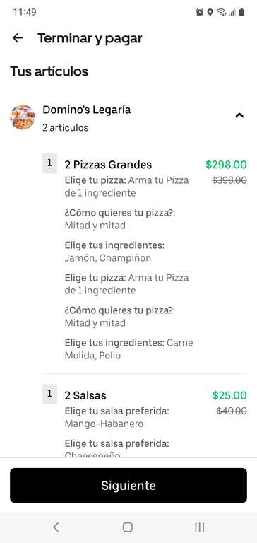 Uber Eats: Dominos, 2 Pizzas Grandes 1 ingrediente ( puedes poner mitad y mitad en cada Pizza )
