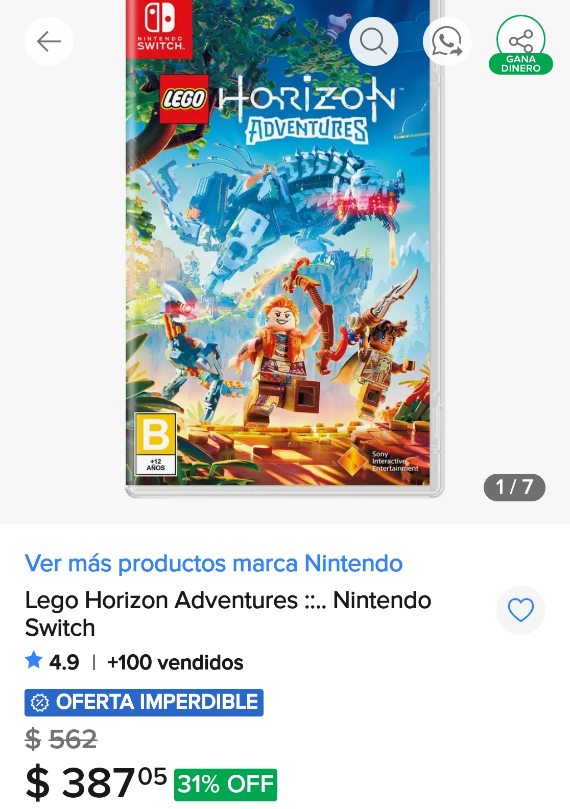Mercado libre, lego horizon para nintendo switch